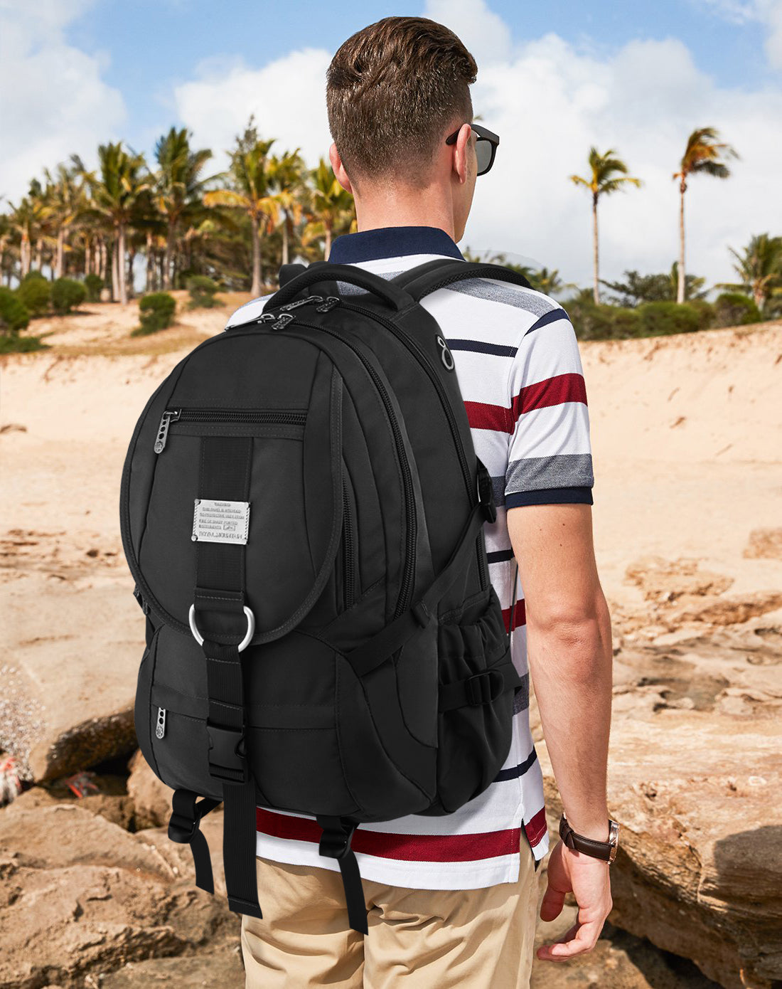 34L  Backpack for School Work Hiking Camping Travelling, Breathable Padded Back & Straps, 3 Zip Compartments,USB/Headphone Port, Water Resistant